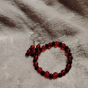 Handmade cool goth punk grunge red and black bracelet and earring set